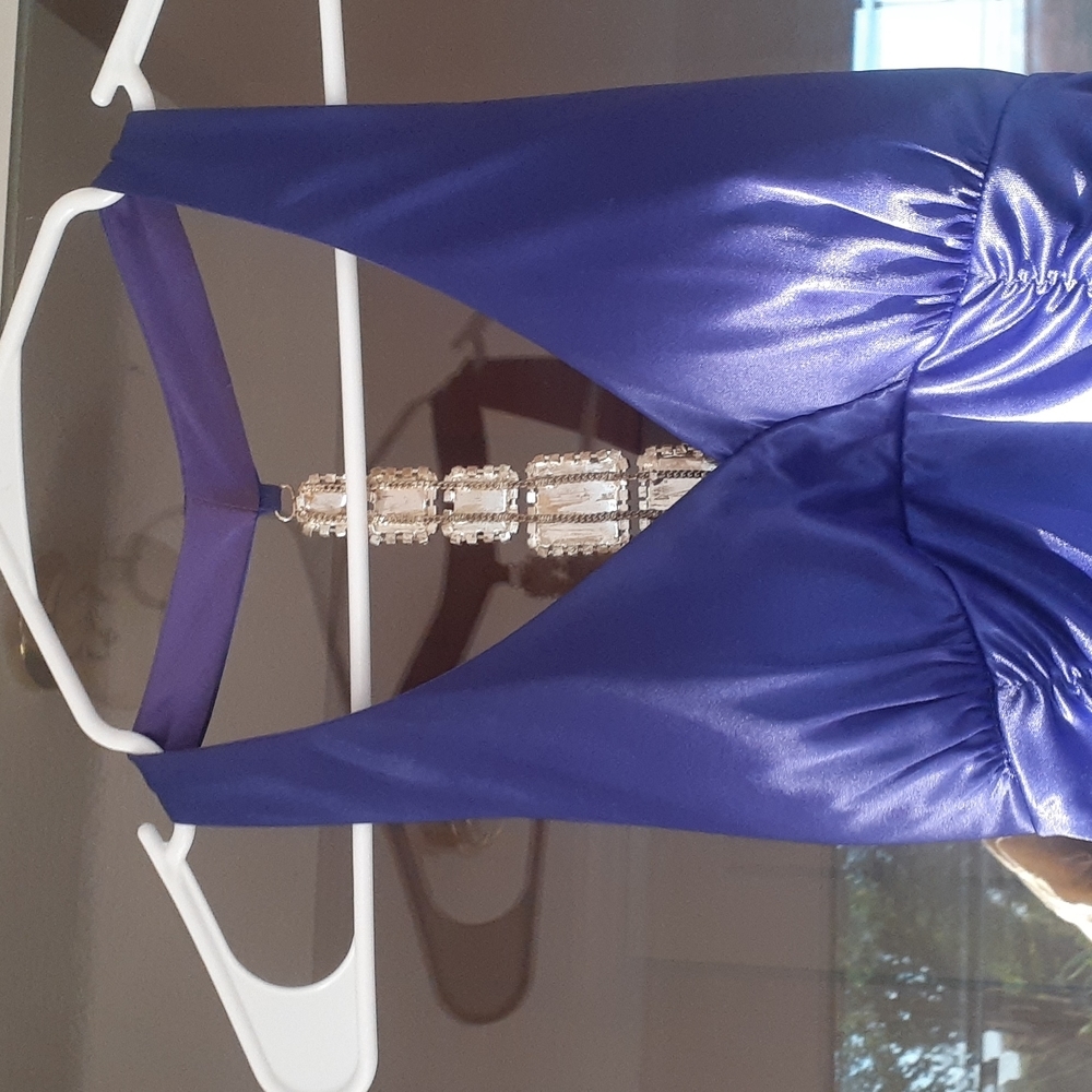 Deb Purple Satin Ruched Halter Mini Dress Rhinestone Back Party Cocktail SIZE S - Picture 2 of 7